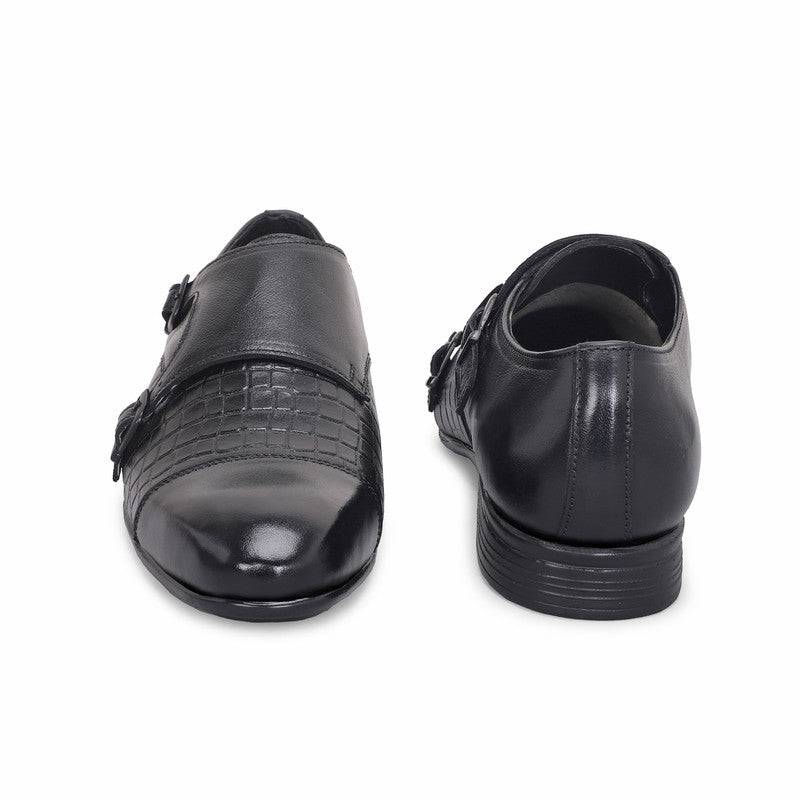 MATR Strap Me Down Men's Blck Croc-Embossed Double Monk Strap Leather Shoes