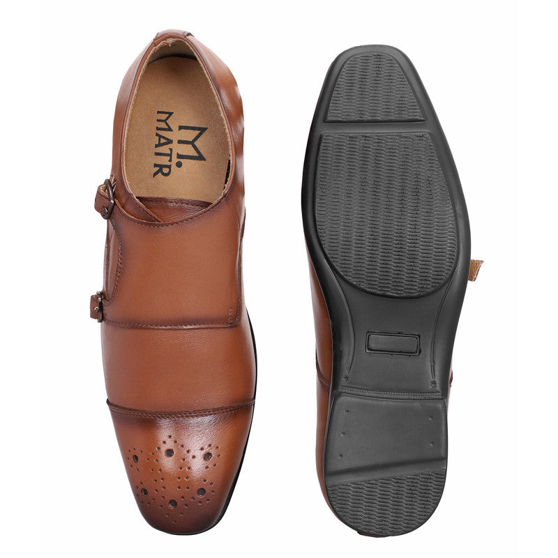 MATR Strap Me Down Men’s Tan Leather Double Monk Strap Shoes – Brogue Toe Formal Footwear