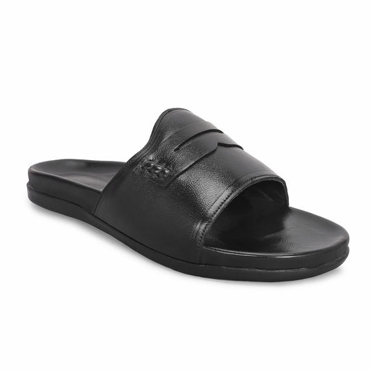 MATR Classic Men's Black Textured Horsebit Casual Slider Slip-On Sandals