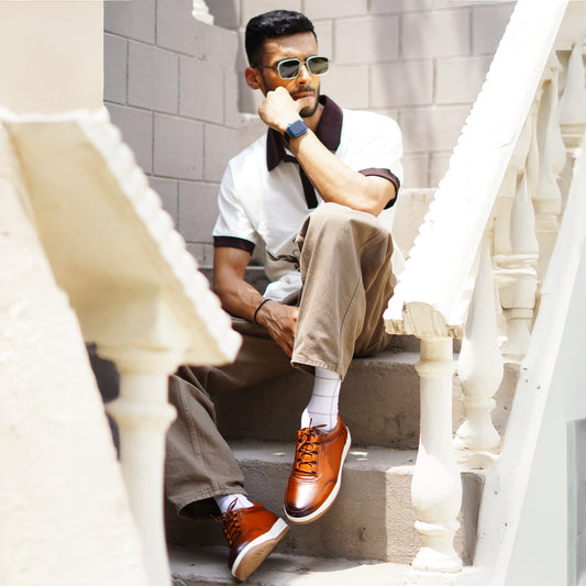 MATR Luxe Men's Tan Leather Casual Sneakers – Elastic Lace's Slip-On with Matching Sole