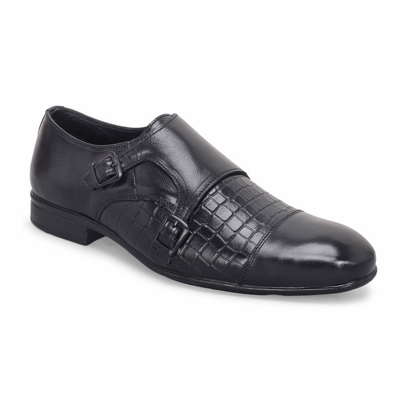 MATR Strap Me Down Men's Blck Croc-Embossed Double Monk Strap Leather Shoes
