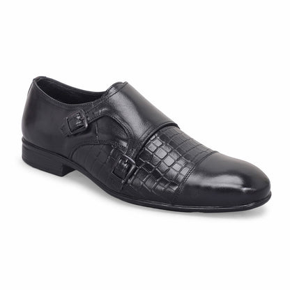 MATR Strap Me Down Men's Blck Croc-Embossed Double Monk Strap Leather Shoes