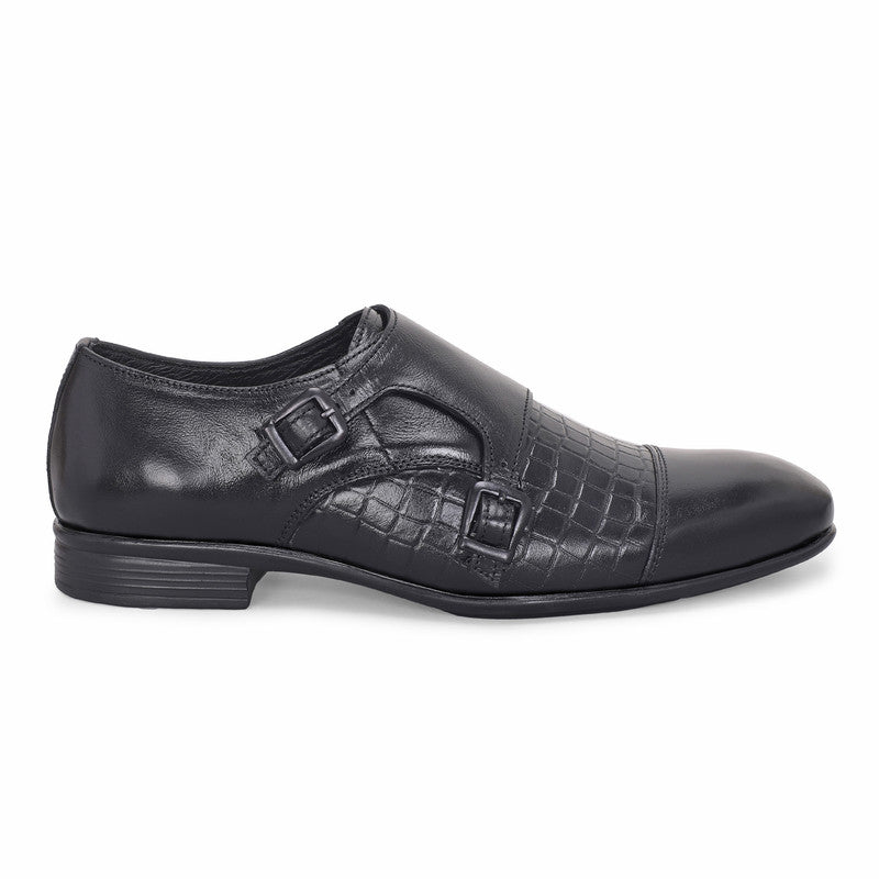 MATR Strap Me Down Men's Blck Croc-Embossed Double Monk Strap Leather Shoes
