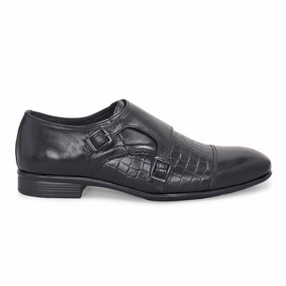 MATR Strap Me Down Men's Blck Croc-Embossed Double Monk Strap Leather Shoes