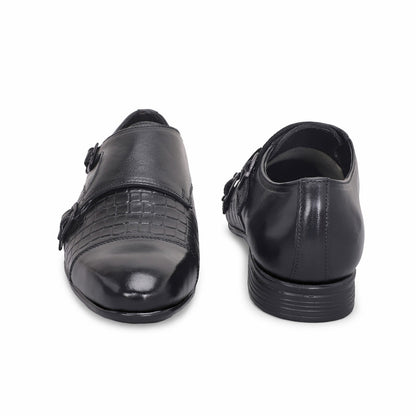 MATR Strap Me Down Men's Blck Croc-Embossed Double Monk Strap Leather Shoes