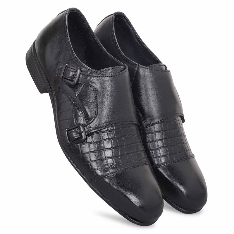 MATR Strap Me Down Men's Blck Croc-Embossed Double Monk Strap Leather Shoes