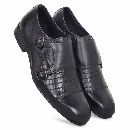 MATR Strap Me Down Men's Blck Croc-Embossed Double Monk Strap Leather Shoes