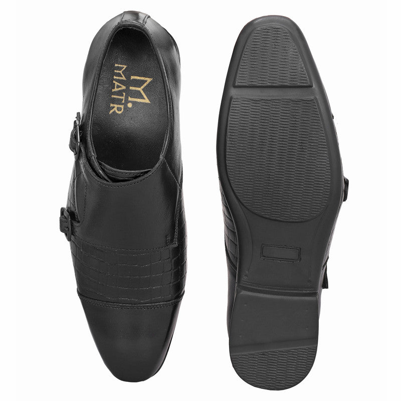 MATR Strap Me Down Men's Blck Croc-Embossed Double Monk Strap Leather Shoes