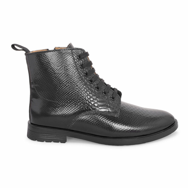 MATR Lifestyle Men’s Black Textured Leather Ankle Boots With Zip Closure High-Top Dress Boots