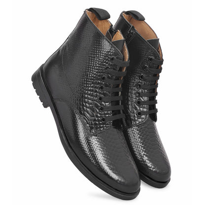 MATR Lifestyle Men’s Black Textured Leather Ankle Boots With Zip Closure High-Top Dress Boots