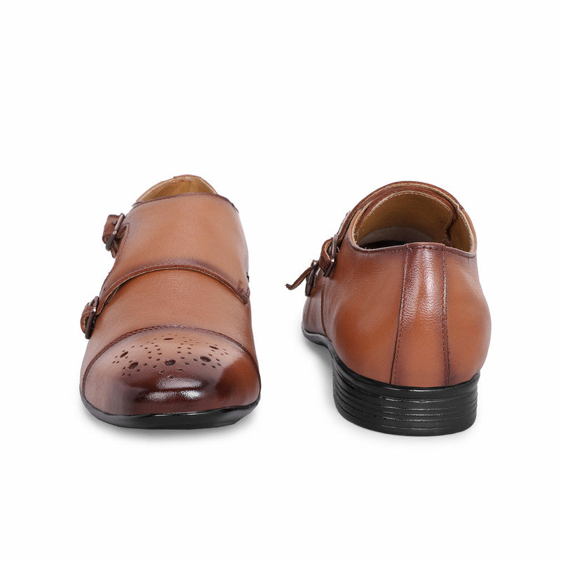 MATR Strap Me Down Men’s Tan Leather Double Monk Strap Shoes – Brogue Toe Formal Footwear