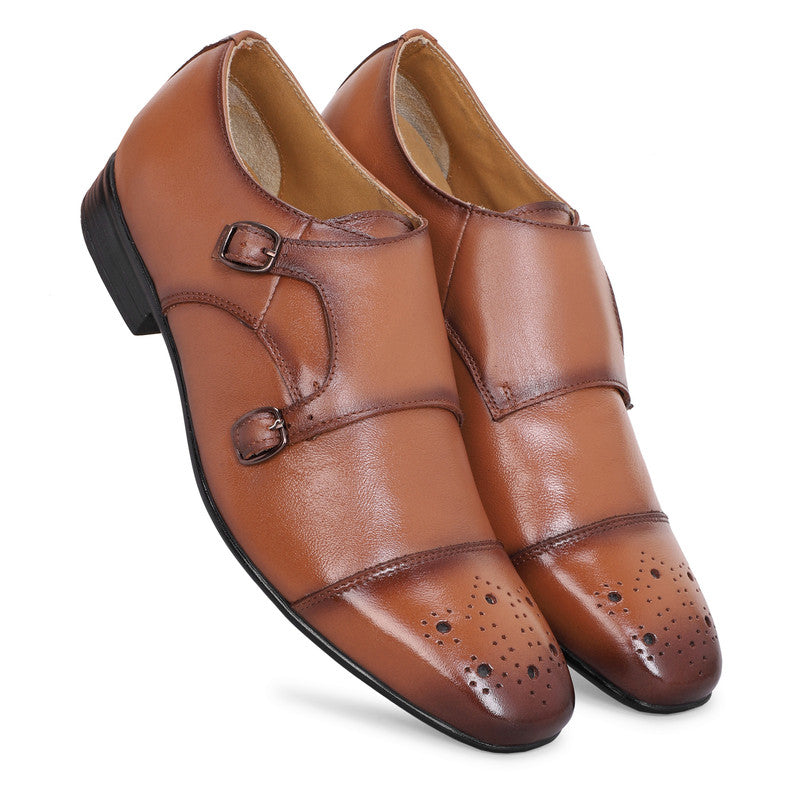 MATR Strap Me Down Men’s Tan Leather Double Monk Strap Shoes – Brogue Toe Formal Footwear