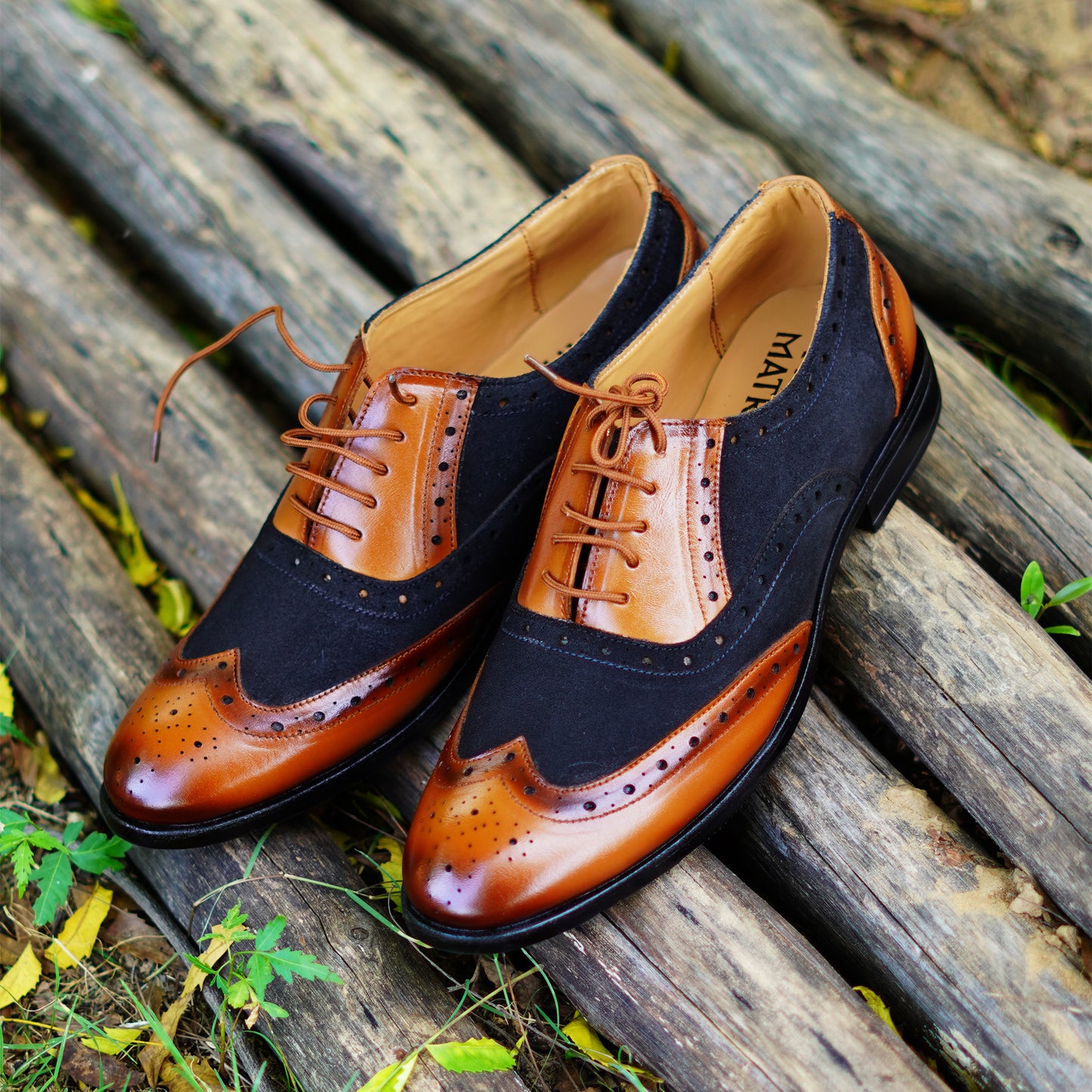 MATR Cosmo Men's Black Suede & tan Leather TPR Sole Party Brogue Shoes