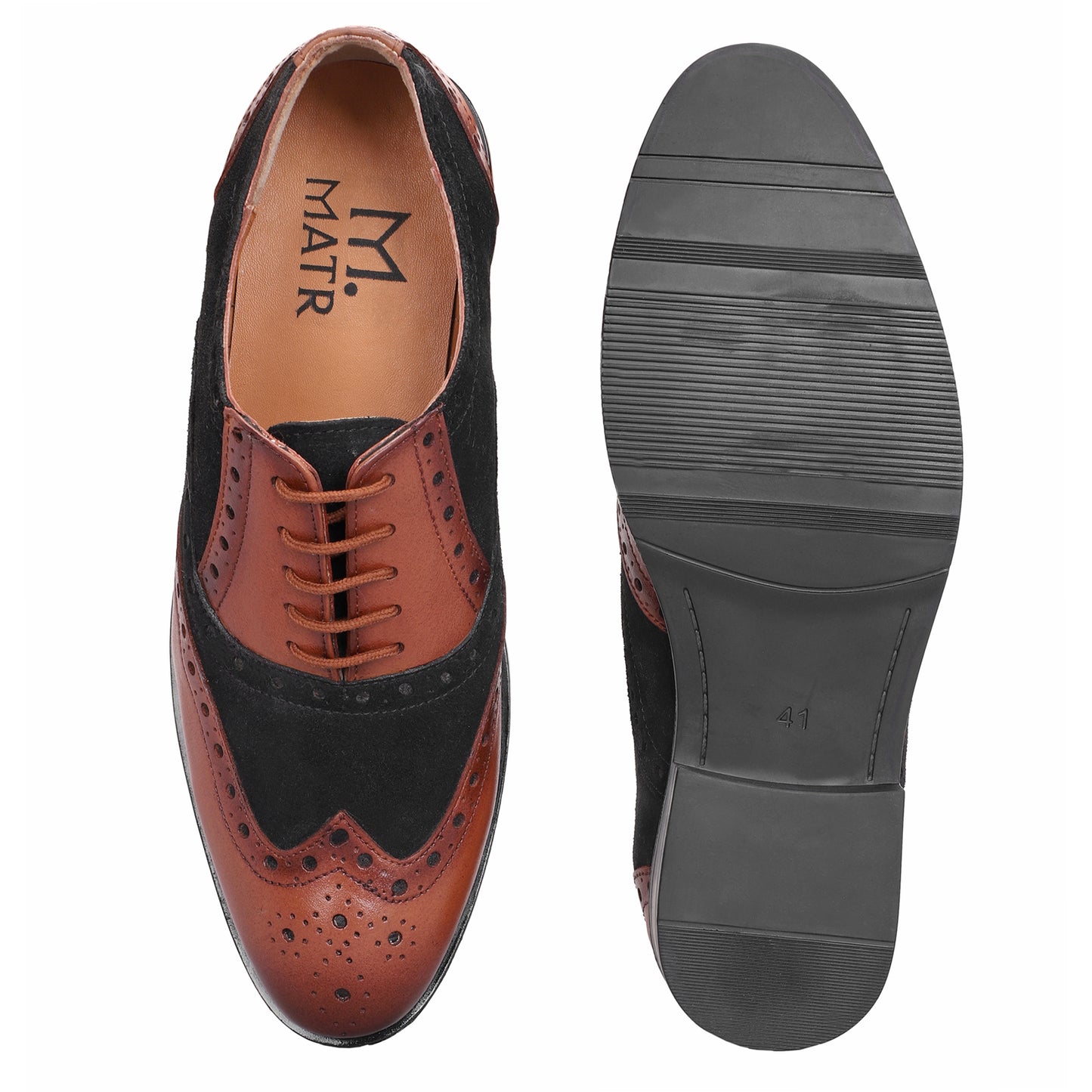 MATR Cosmo Men's Black Suede & tan Leather TPR Sole Party Brogue Shoes