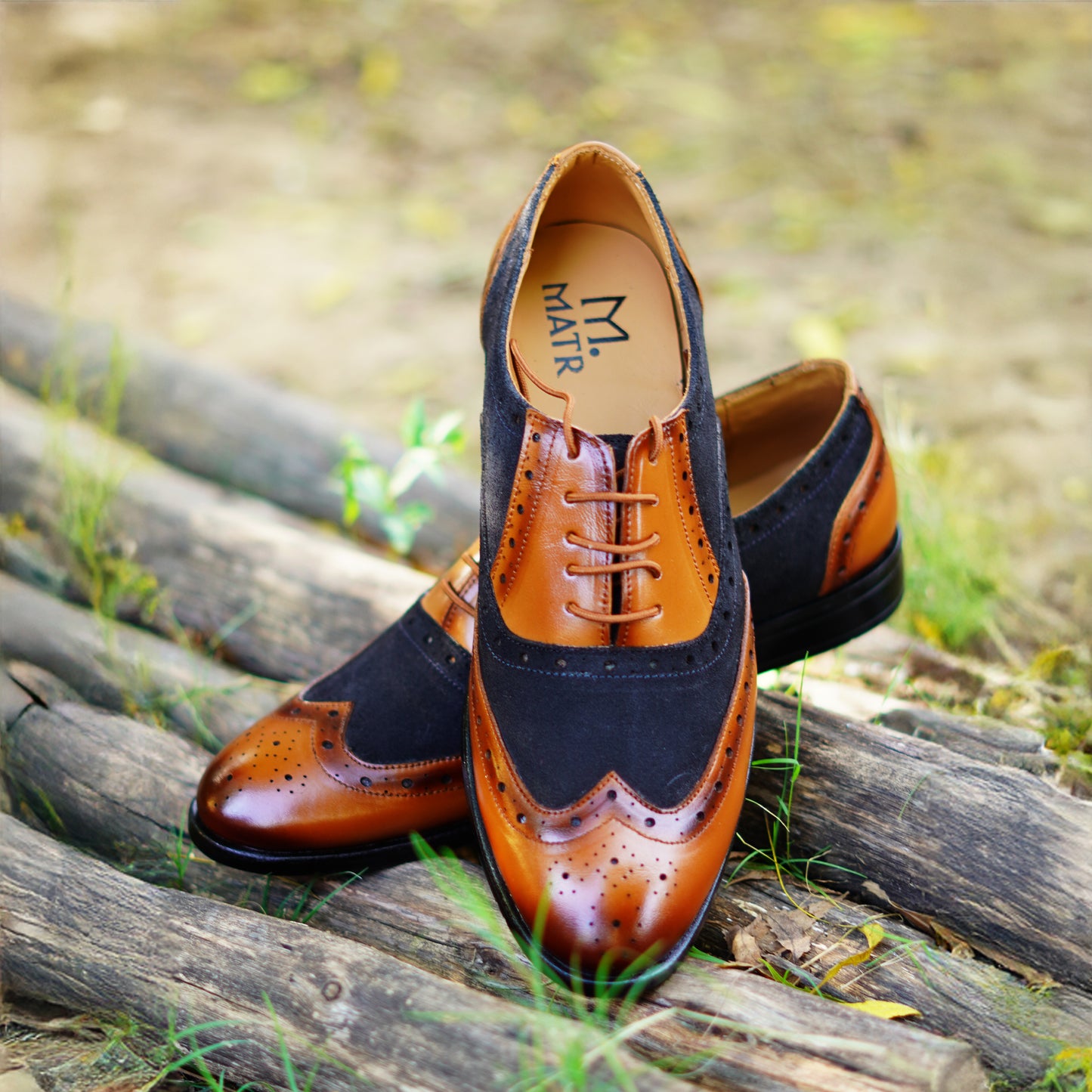 MATR Cosmo Men's Black Suede & tan Leather TPR Sole Party Brogue Shoes