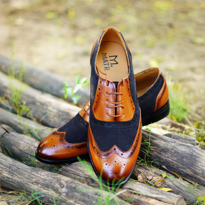 MATR Cosmo Men's Black Suede & tan Leather TPR Sole Party Brogue Shoes