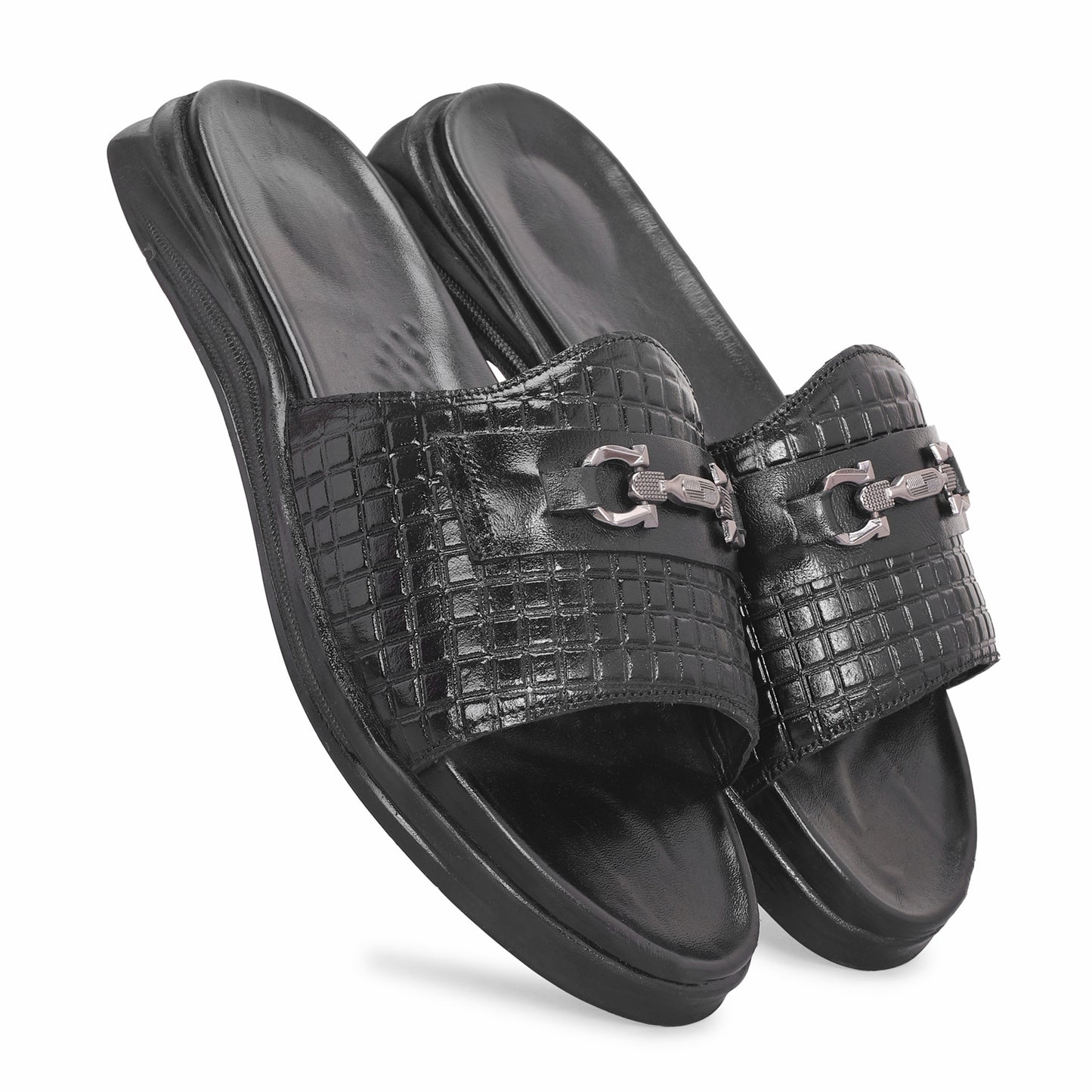 MATR Classic Men's Black Textured Casual Slide Slip-On Sandals Slider with Metal Accent