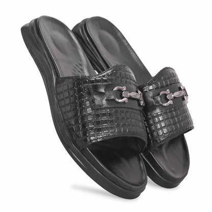 MATR Classic Men's Black Textured Casual Slide Slip-On Sandals Slider with Metal Accent