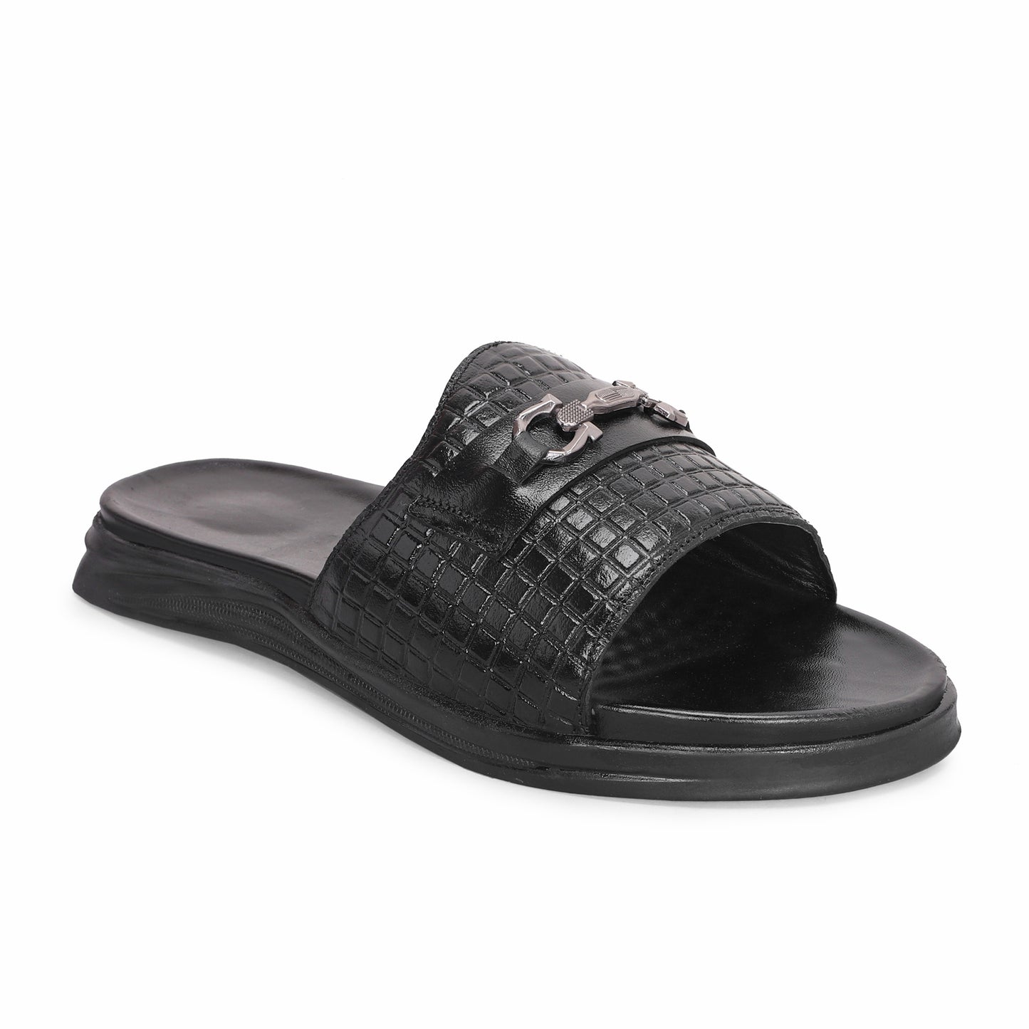 MATR Classic Men's Black Textured Casual Slide Slip-On Sandals Slider with Metal Accent