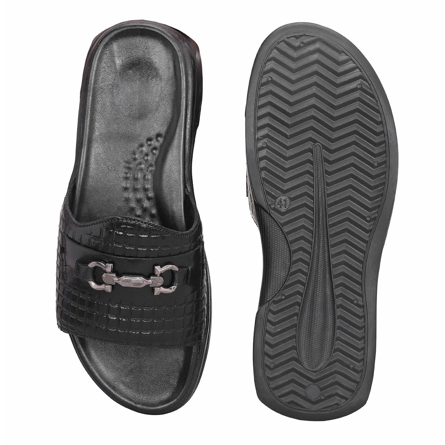 MATR Classic Men's Black Textured Casual Slide Slip-On Sandals Slider with Metal Accent