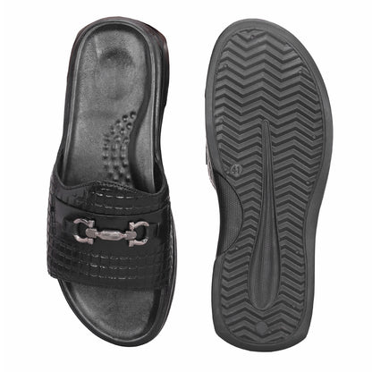 MATR Classic Men's Black Textured Casual Slide Slip-On Sandals Slider with Metal Accent