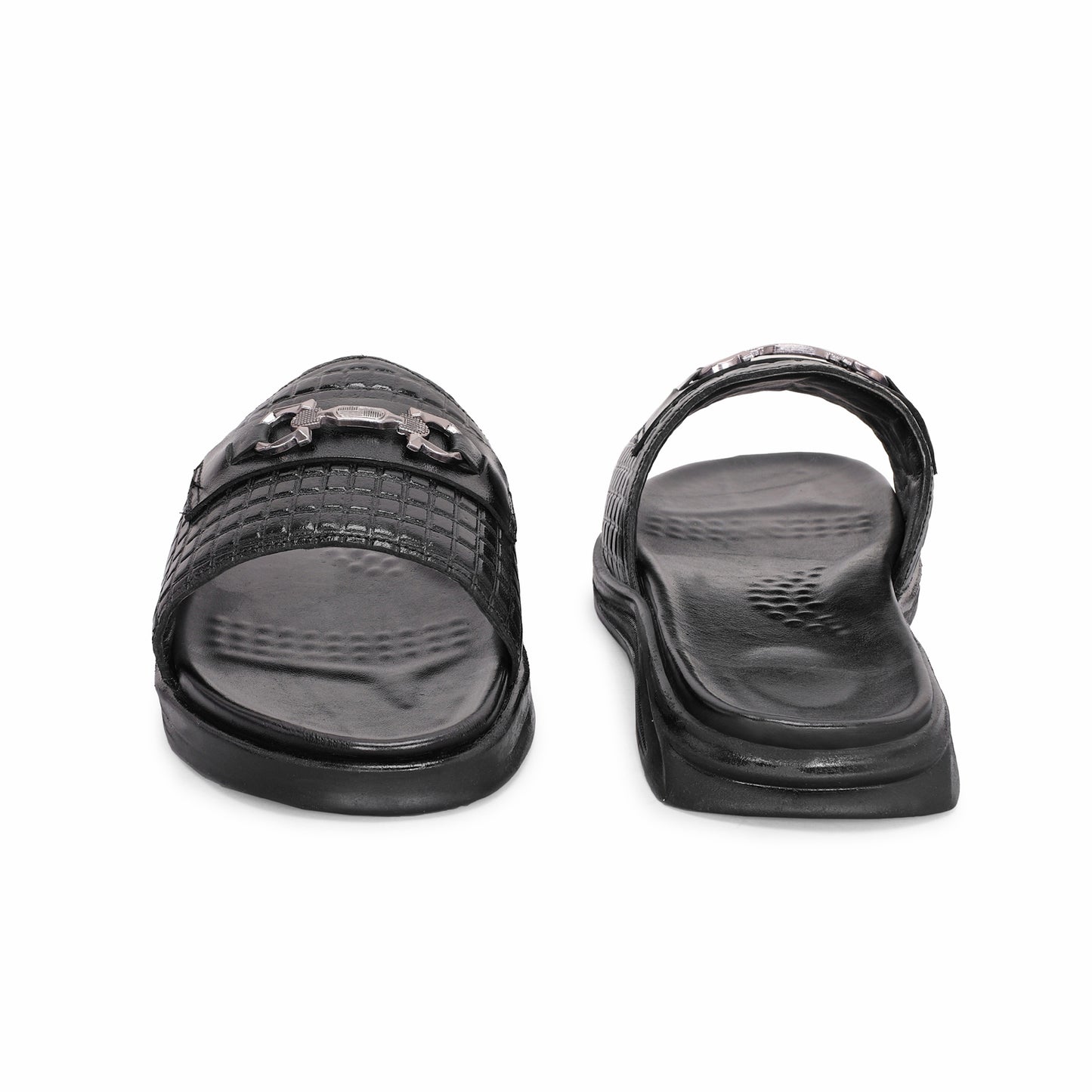 MATR Classic Men's Black Textured Casual Slide Slip-On Sandals Slider with Metal Accent