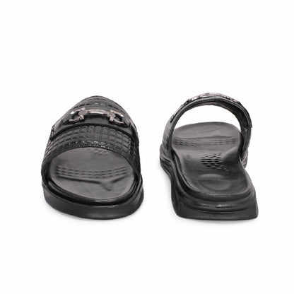MATR Classic Men's Black Textured Casual Slide Slip-On Sandals Slider with Metal Accent