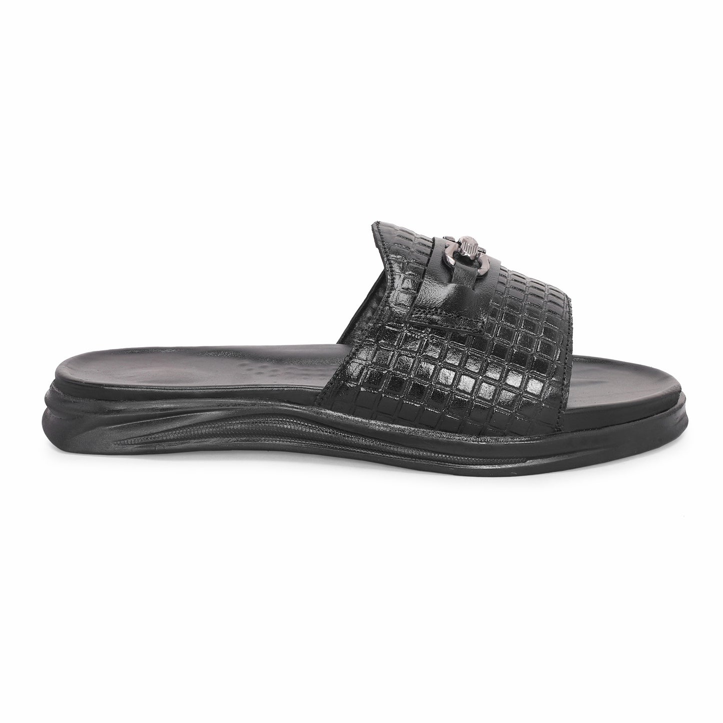 MATR Classic Men's Black Textured Casual Slide Slip-On Sandals Slider with Metal Accent
