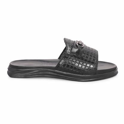 MATR Classic Men's Black Textured Casual Slide Slip-On Sandals Slider with Metal Accent