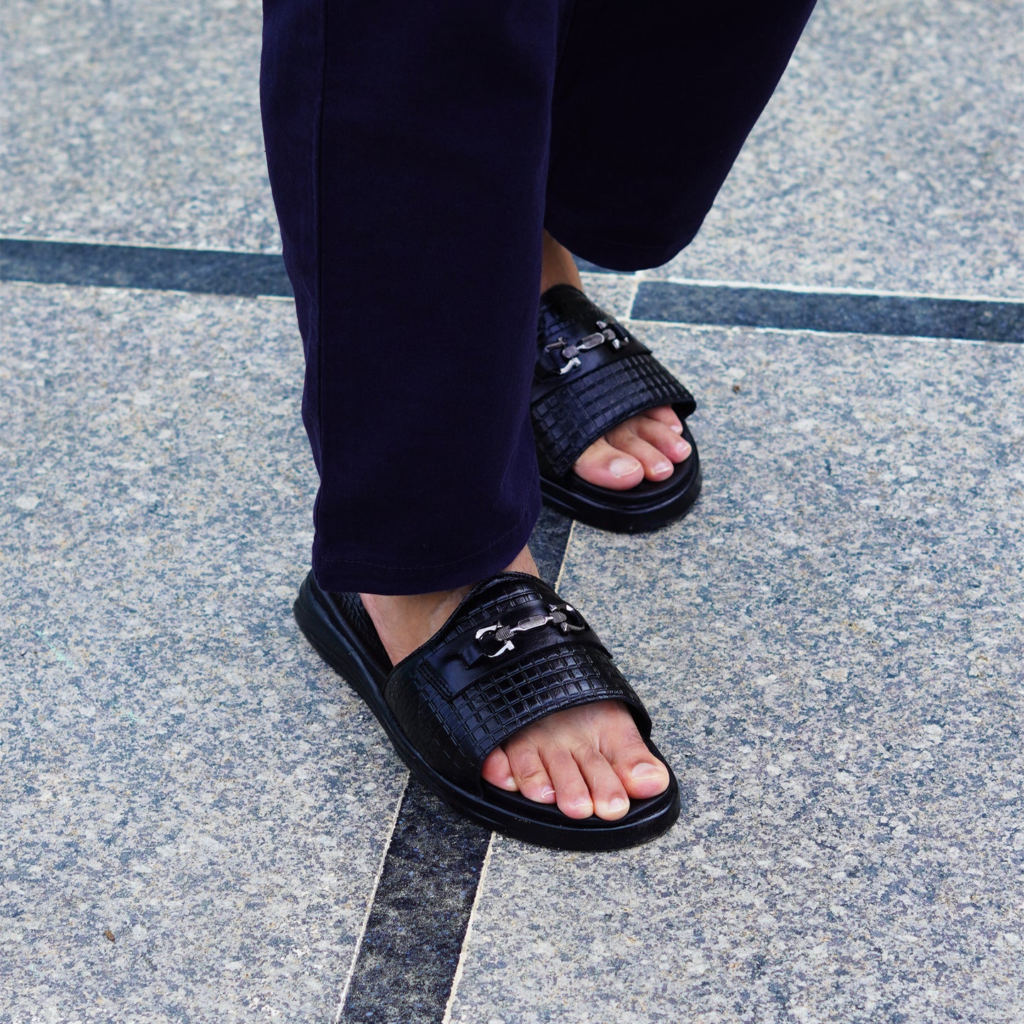 MATR Classic Men's Black Textured Casual Slide Slip-On Sandals Slider with Metal Accent