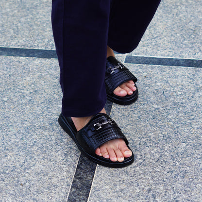 MATR Classic Men's Black Textured Casual Slide Slip-On Sandals Slider with Metal Accent