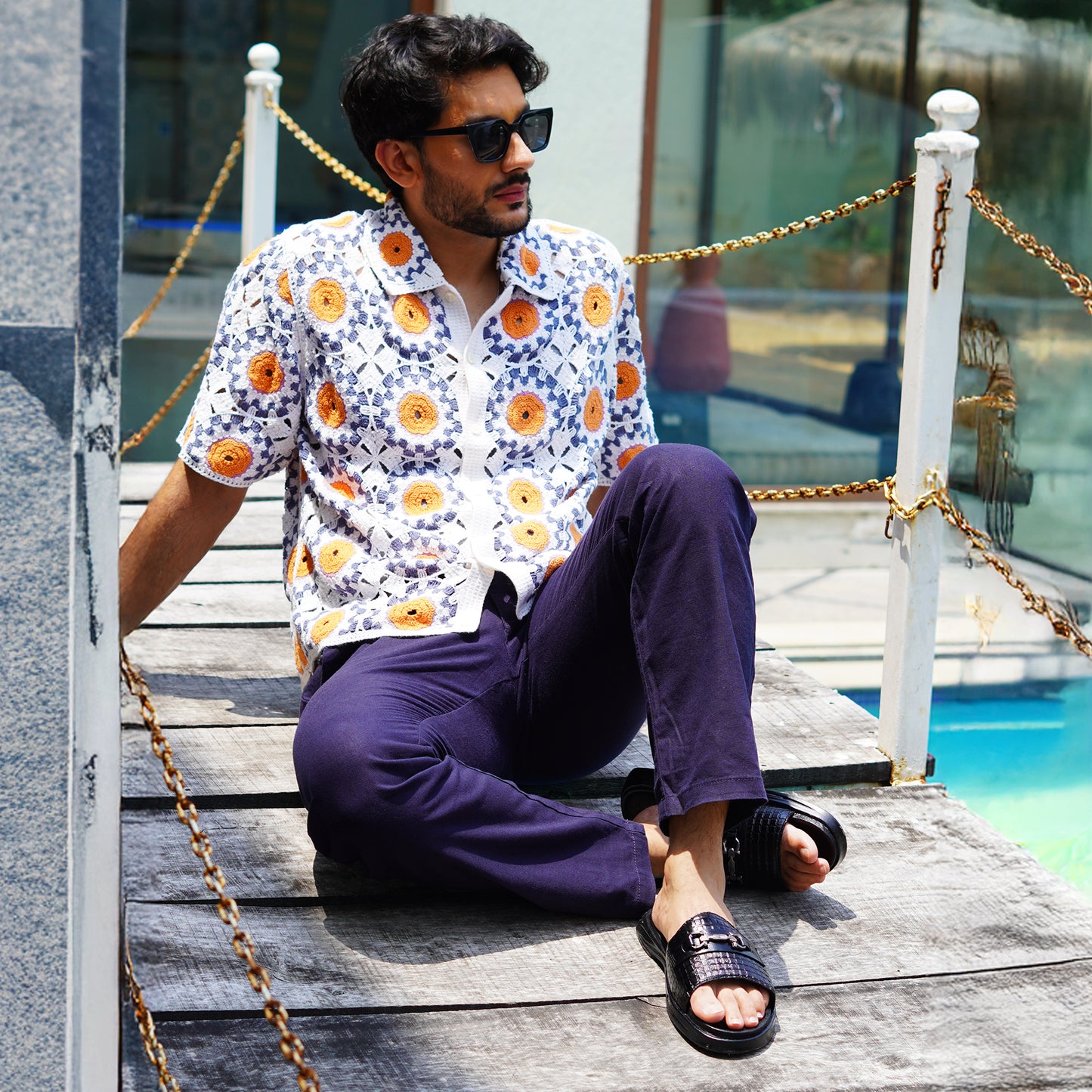 MATR Classic Men's Black Textured Casual Slide Slip-On Sandals Slider with Metal Accent