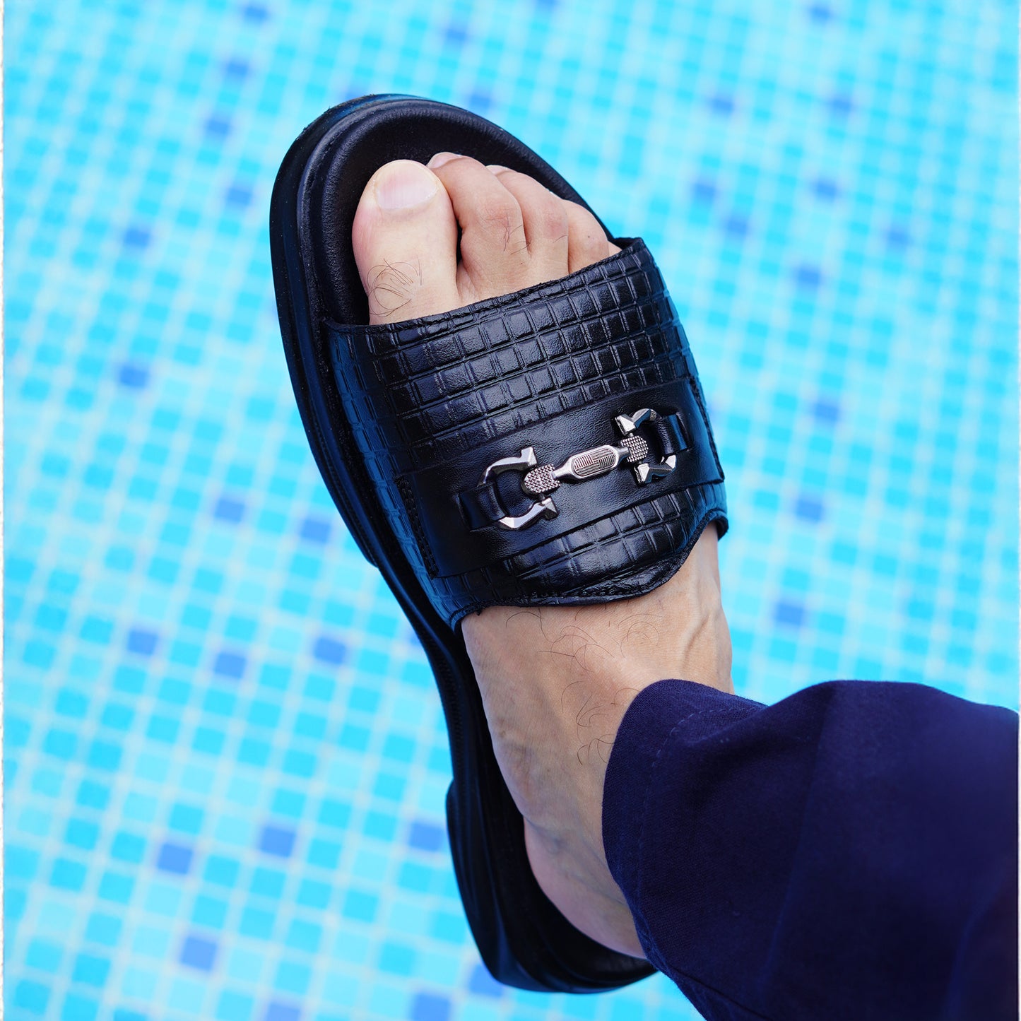 MATR Classic Men's Black Textured Casual Slide Slip-On Sandals Slider with Metal Accent