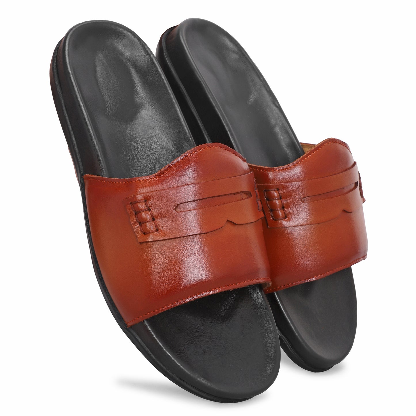 MATR Classic  Men's Tan Textured Casual Slide Slip-On Sandals Sliders with Metal Accent