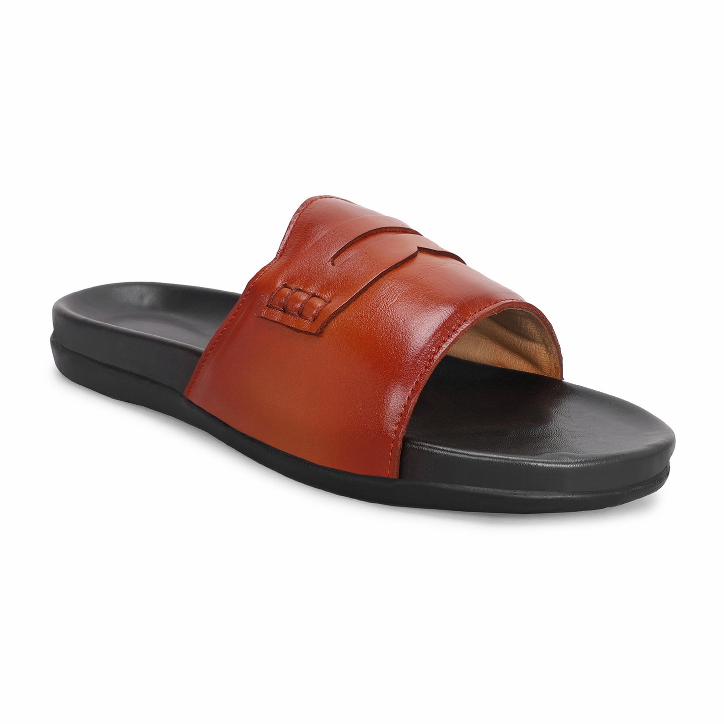 MATR Classic  Men's Tan Textured Casual Slide Slip-On Sandals Sliders with Metal Accent