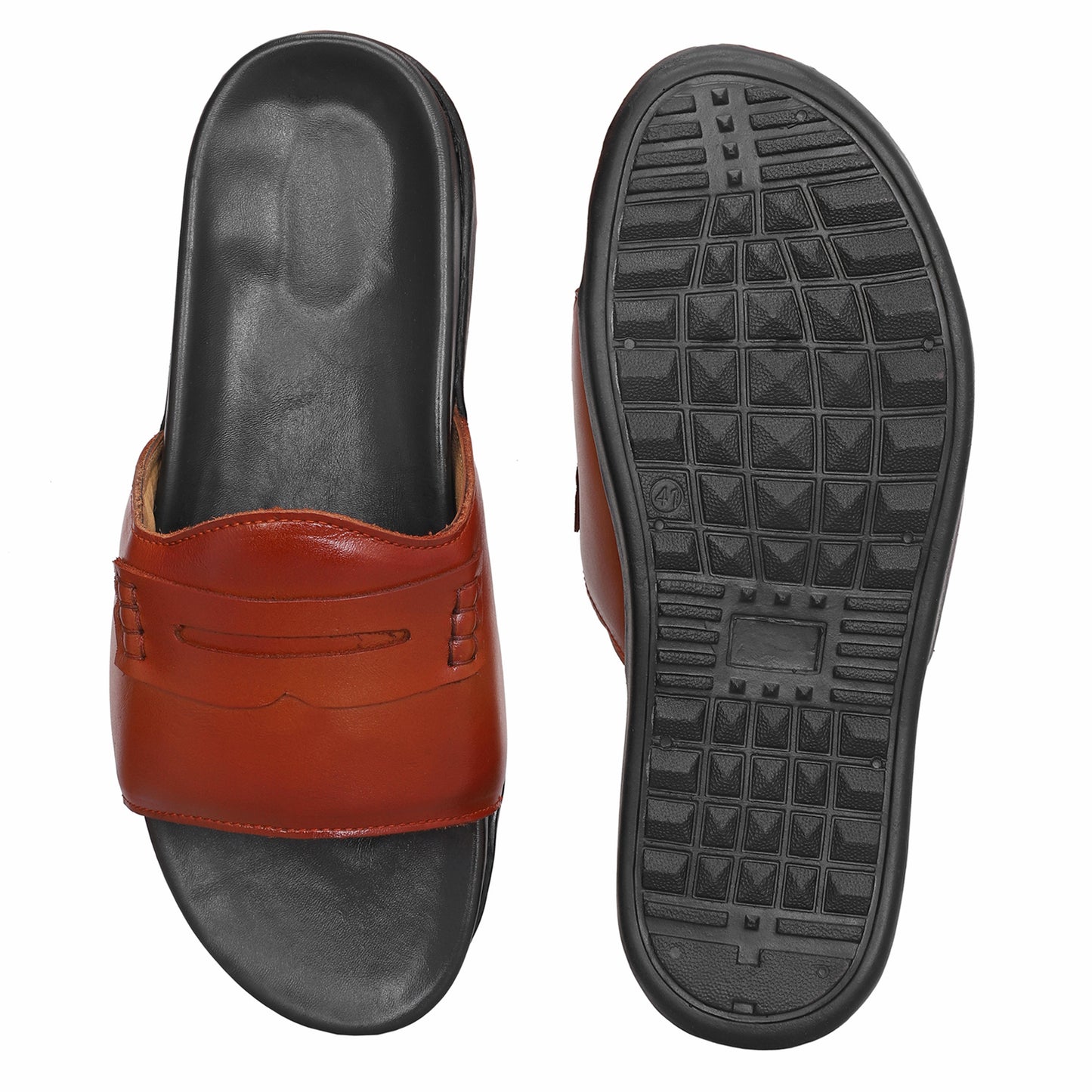 MATR Classic  Men's Tan Textured Casual Slide Slip-On Sandals Sliders with Metal Accent