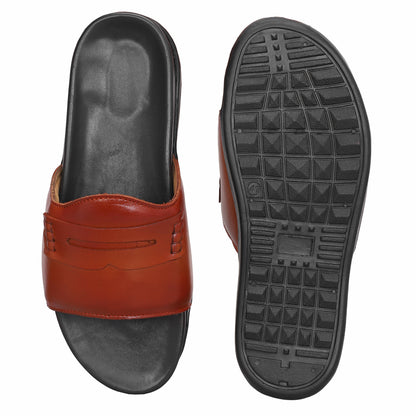 MATR Classic  Men's Tan Textured Casual Slide Slip-On Sandals Sliders with Metal Accent