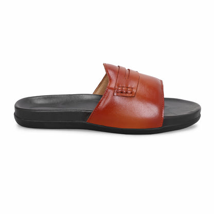 MATR Classic  Men's Tan Textured Casual Slide Slip-On Sandals Sliders with Metal Accent