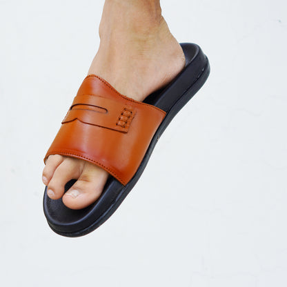 MATR Classic  Men's Tan Textured Casual Slide Slip-On Sandals Sliders with Metal Accent