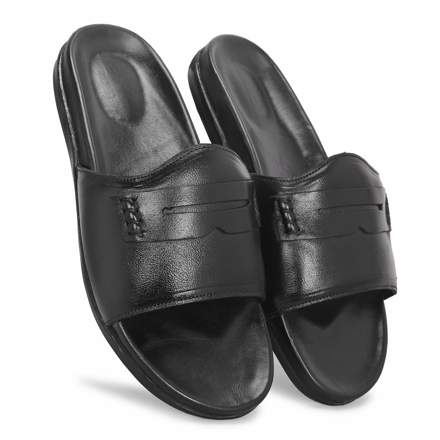 MATR Classic Men's Black Textured Horsebit Casual Slider Slip-On Sandals