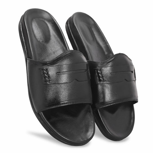MATR Classic Men's Black Textured Horsebit Casual Slider Slip-On Sandals