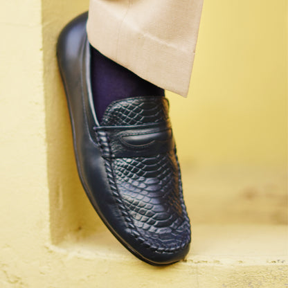 MATR Lifestyle Men’s Blue Leather Woven Moc Toe Loafers