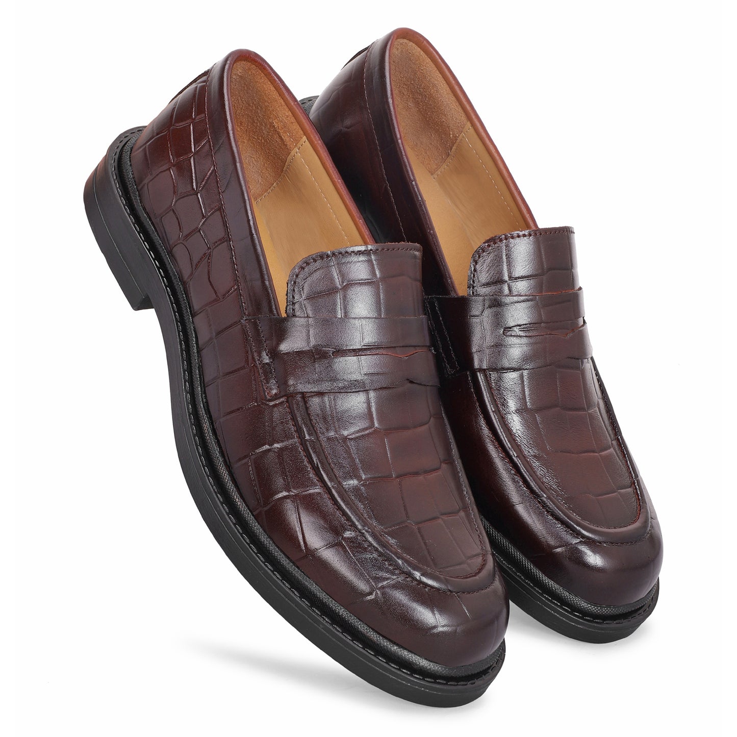 MATR Old Money Men's Brown Croc-Embossed Leather Moccasins, Classic Slip-On Shoes