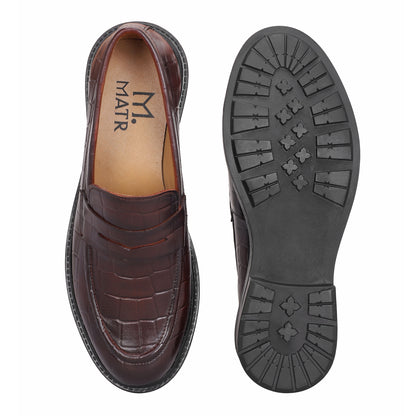MATR Old Money Men's Brown Croc-Embossed Leather Moccasins, Classic Slip-On Shoes