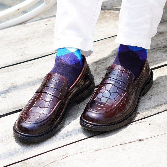 MATR Old Money Men's Brown Croc-Embossed Leather Moccasins, Classic Slip-On Shoes