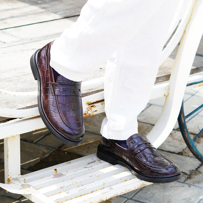 MATR Old Money Men's Brown Croc-Embossed Leather Moccasins, Classic Slip-On Shoes