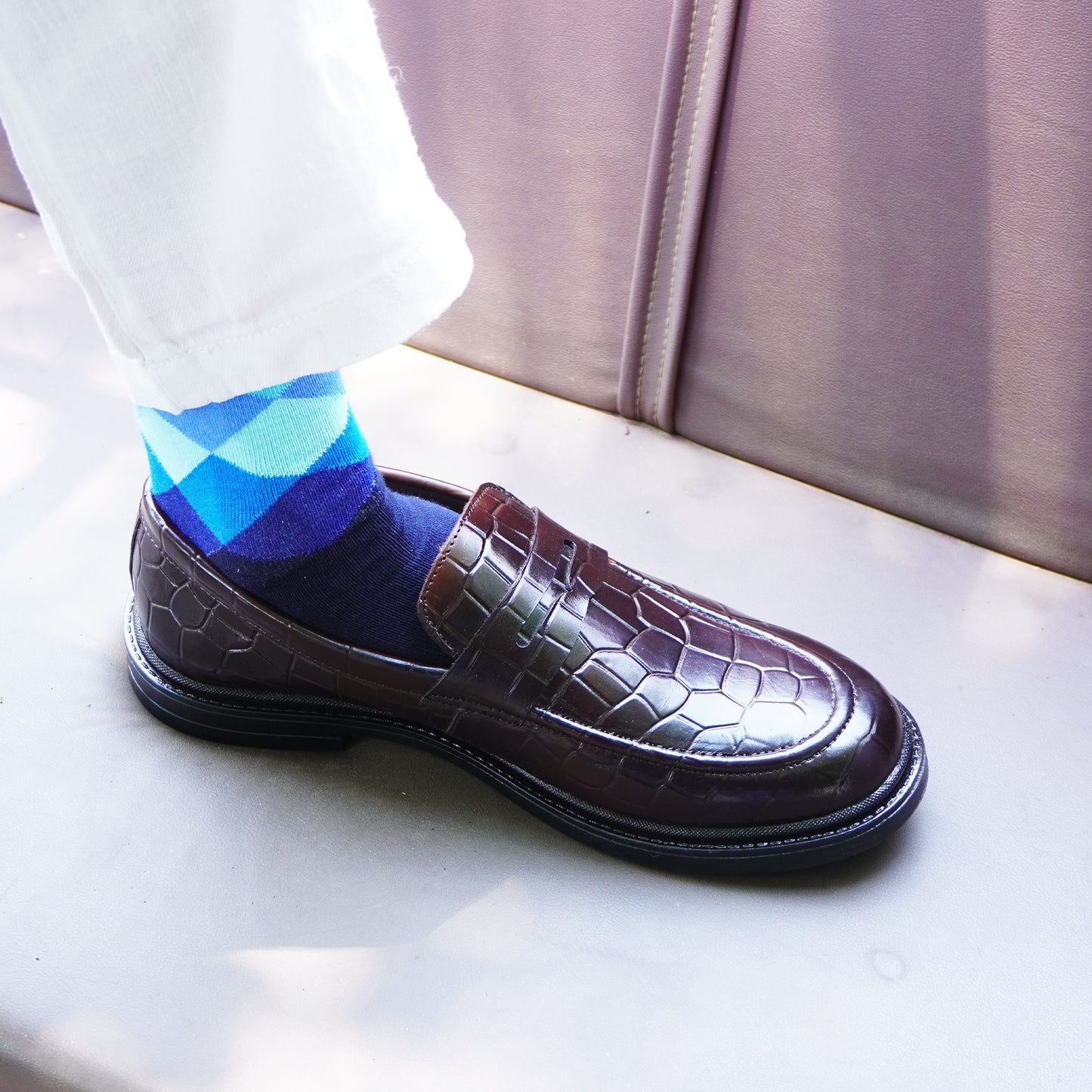 MATR Old Money Men's Brown Croc-Embossed Leather Moccasins, Classic Slip-On Shoes