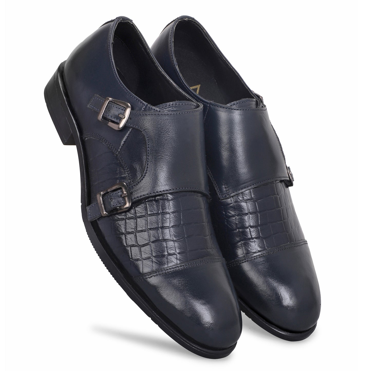 MATR Strap Me Down Men's Navy Blue Croc-Embossed Double Monk Strap Leather Shoes