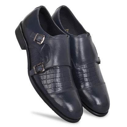 MATR Strap Me Down Men's Navy Blue Croc-Embossed Double Monk Strap Leather Shoes