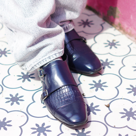 MATR Strap Me Down Men's Navy Blue Croc-Embossed Double Monk Strap Leather Shoes